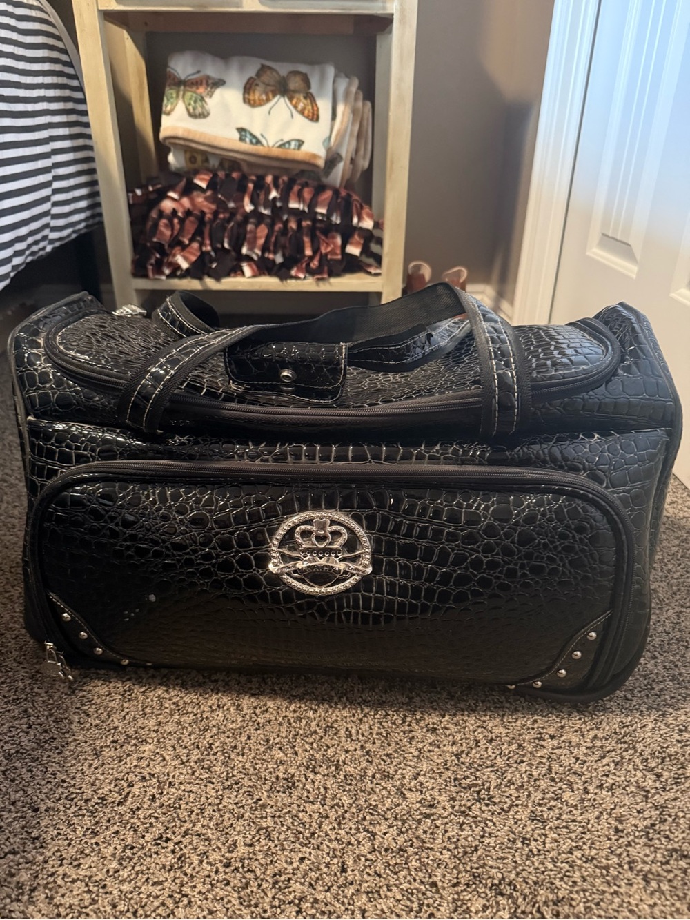 Black Croc-Embossed Carry Bag with Silver Emblem